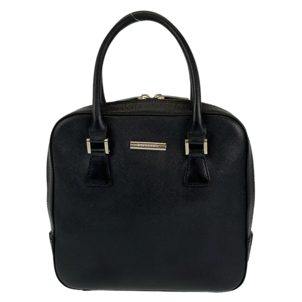 BURBERRY Burberry check pattern black leather handbag tote bag with silver ha...